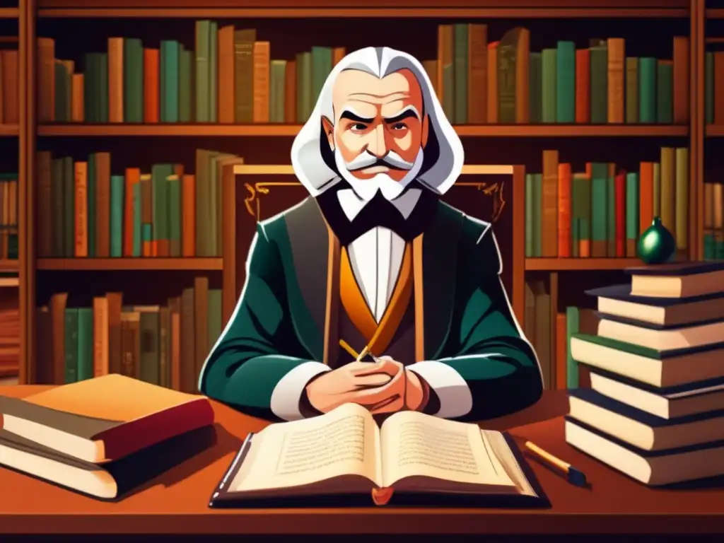Thomas Hobbes reflexiona sobre la naturaleza humana en una ilustración digital detallada y moderna, rodeado de libros y útiles de escritura, con una expresión seria en su rostro mientras contempla