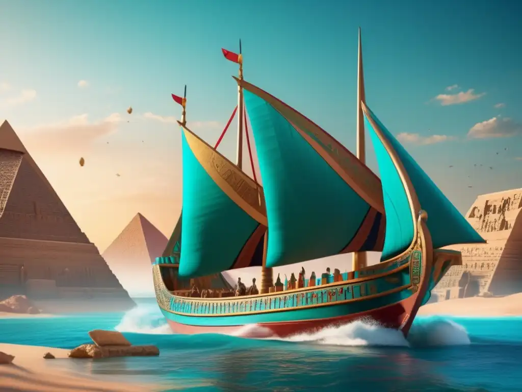 Nave egipcia antigua navegando hacia la misteriosa Tierra de Punt en el Mar Rojo