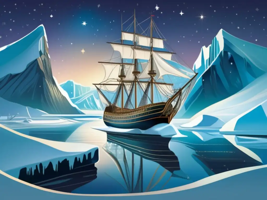 Nave de Jacques Cartier explorando los hielos del Ártico canadiense, rodeada de montañas nevadas y auroras boreales