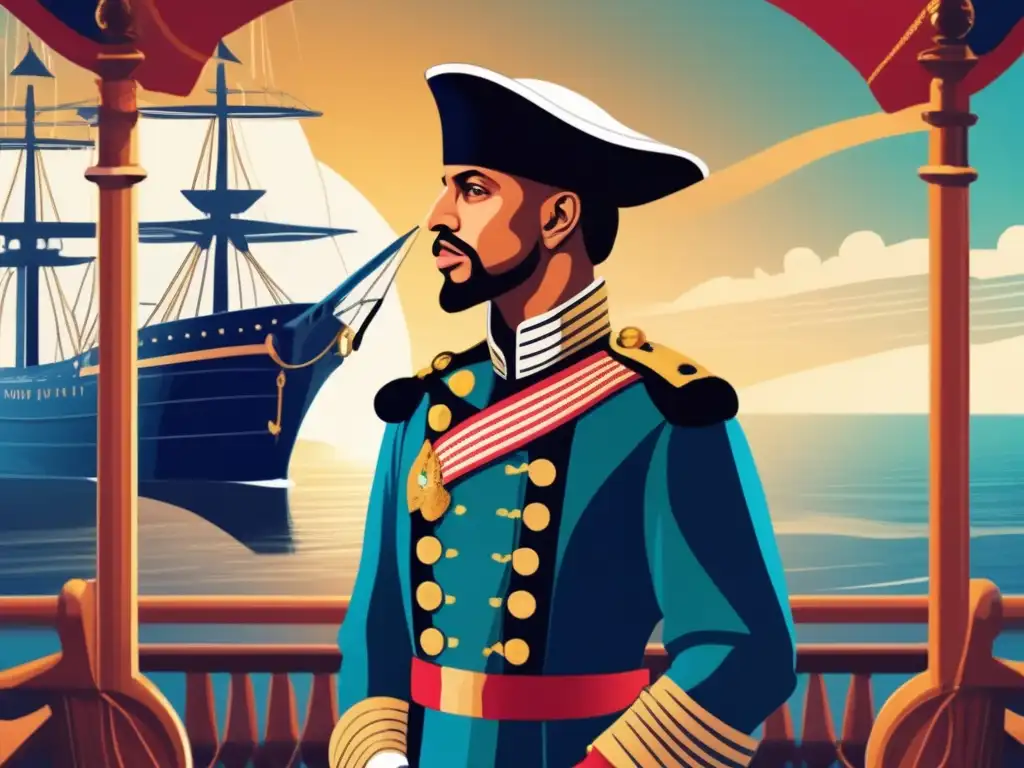 Enrique el Navegante, en una ilustración digital moderna, de pie en la cubierta de un barco mirando al mar con determinación