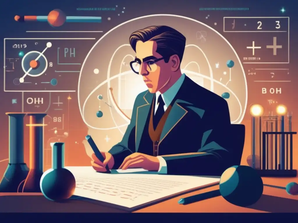 Neils Bohr concentradamente estudia un modelo atómico complejo en su laboratorio futurista