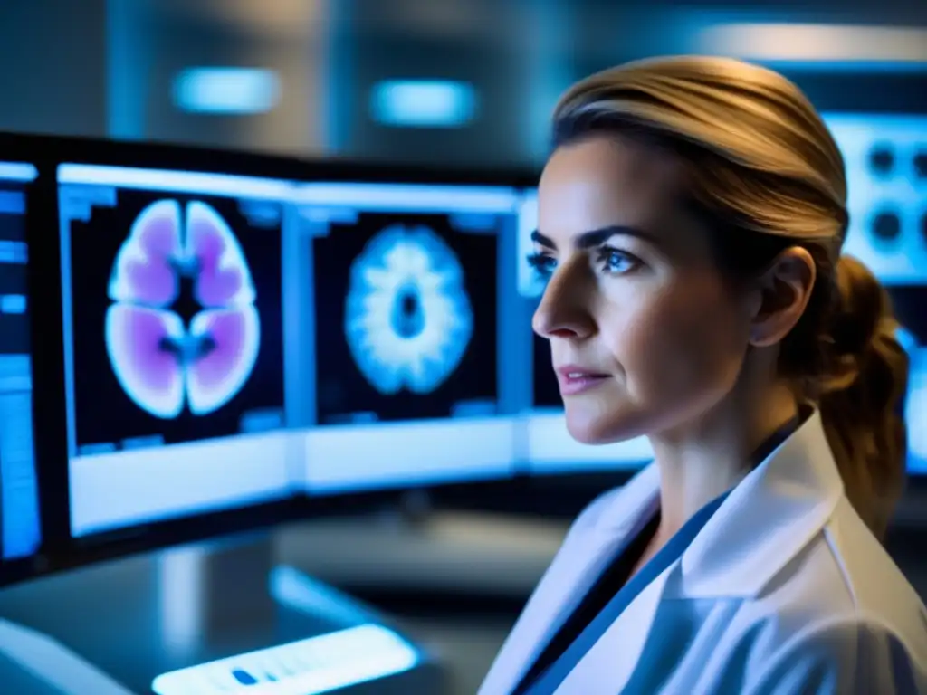 Una neurocientífica realiza un escaneo cerebral en un moderno laboratorio, mostrando el estudio de la memoria en neurociencia
