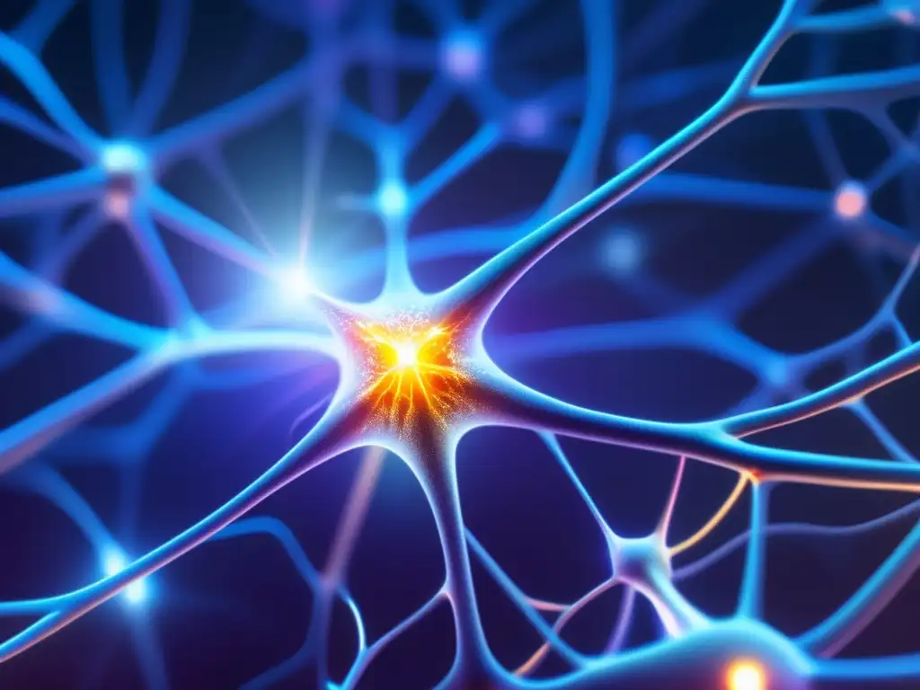 Una neurona femenina ultradetallada con dendritas vibrantes y un núcleo brillante, rodeada de conexiones sinápticas centelleantes