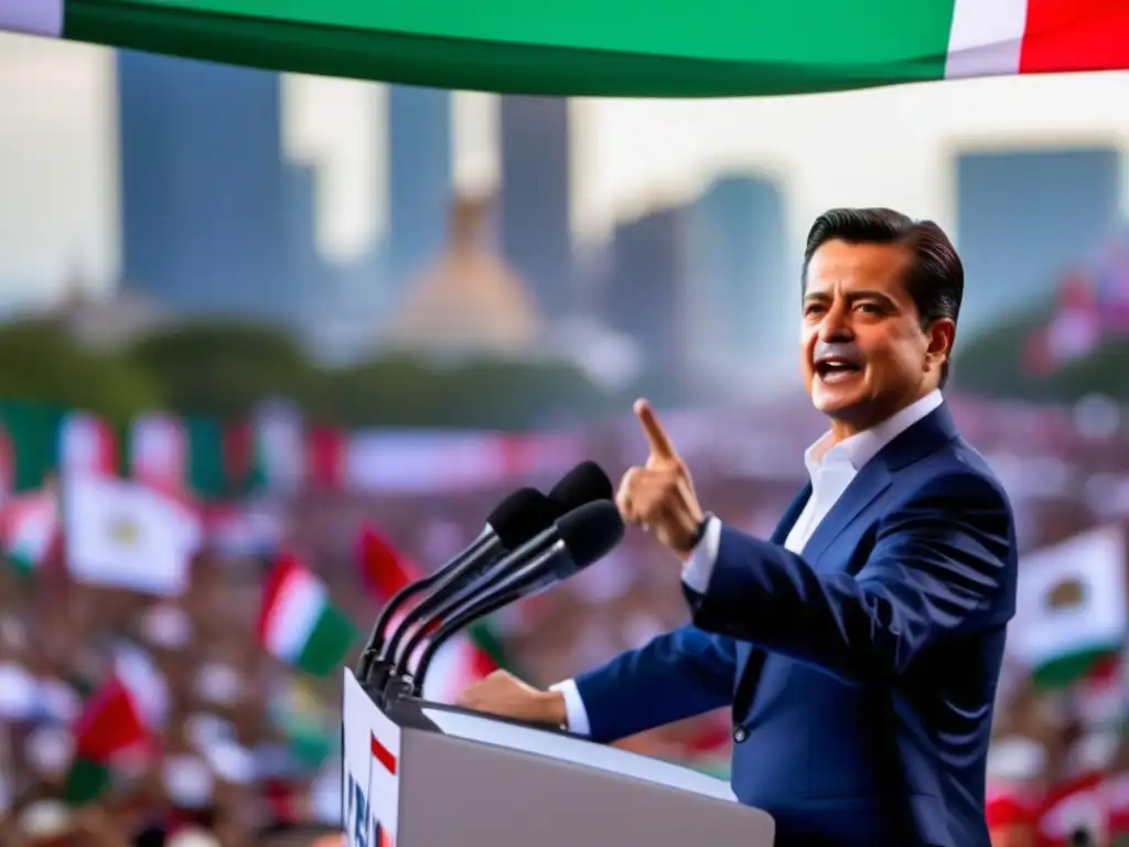 Enrique Peña Nieto influyente en la política mexicana, carismático en un mitin rodeado de seguidores y banderas, en un contexto político contemporáneo