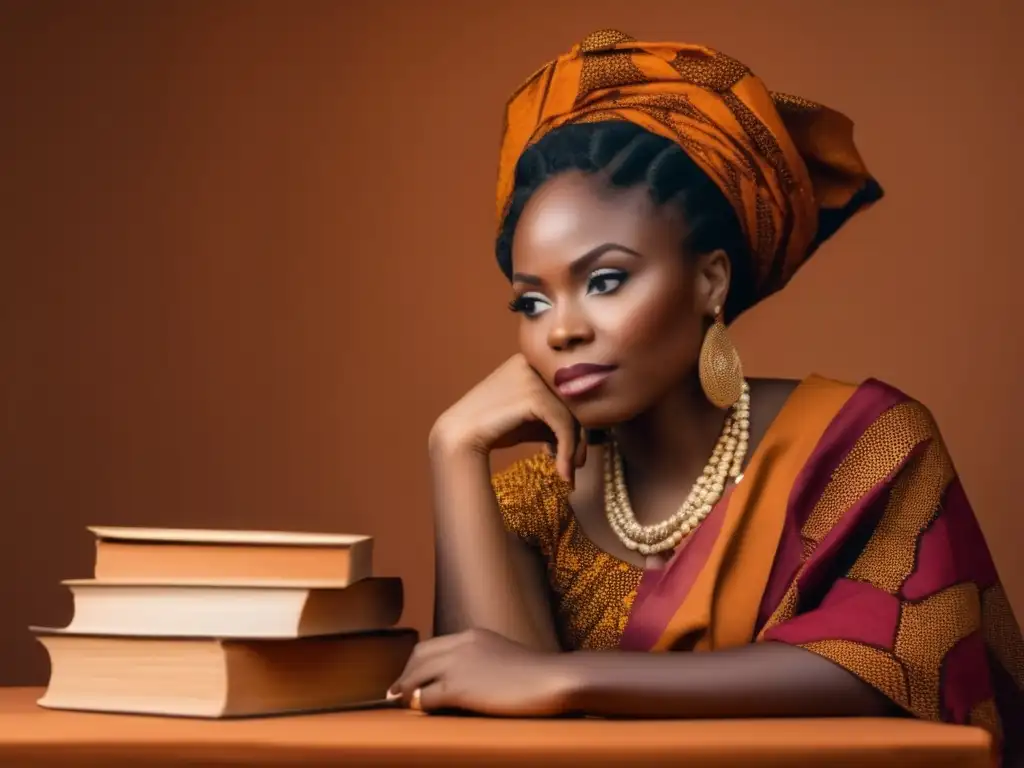 Sophie Oluwole, filósofa nigeriana, viste ropa africana tradicional, reflexiona junto a libros filosóficos