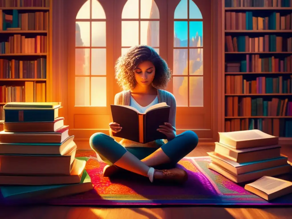 Una niña con trenzas lee libros coloridos en un tapete, rodeada de historias mágicas