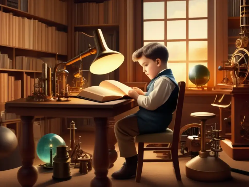 Como un niño, Alexander Graham Bell está inmerso en un libro en una habitación llena de instrumentos científicos