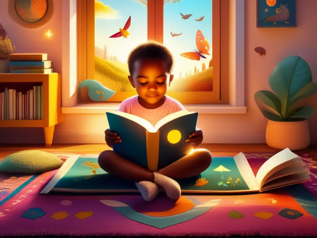 Un niño disfruta de la lectura en un tapete colorido, iluminado por el sol