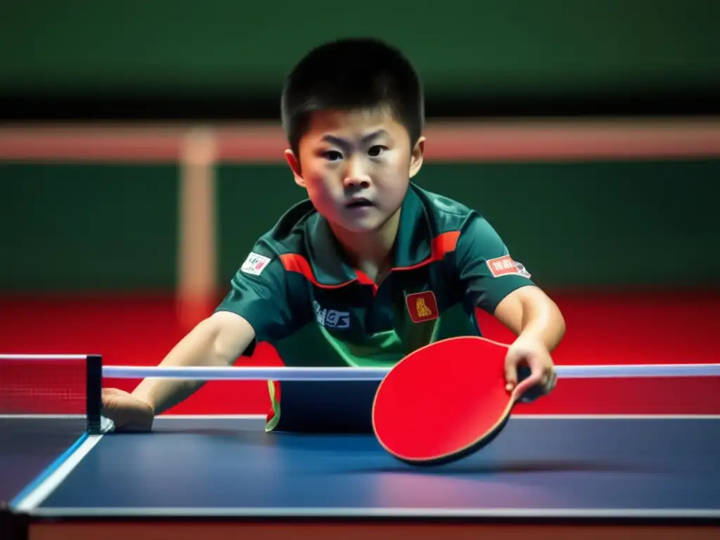 Un niño de unos 5 o 6 años, Ma Long, sostiene una paleta de ping-pong con determinación mientras practica en un ambiente brillante y dinámico