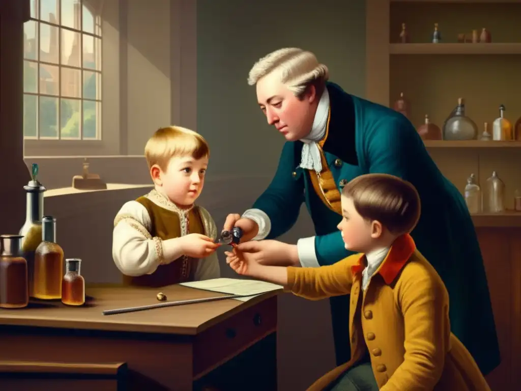 Un niño recibe la primera vacuna contra la viruela de Edward Jenner, destacando la importancia de la vacunación en la historia