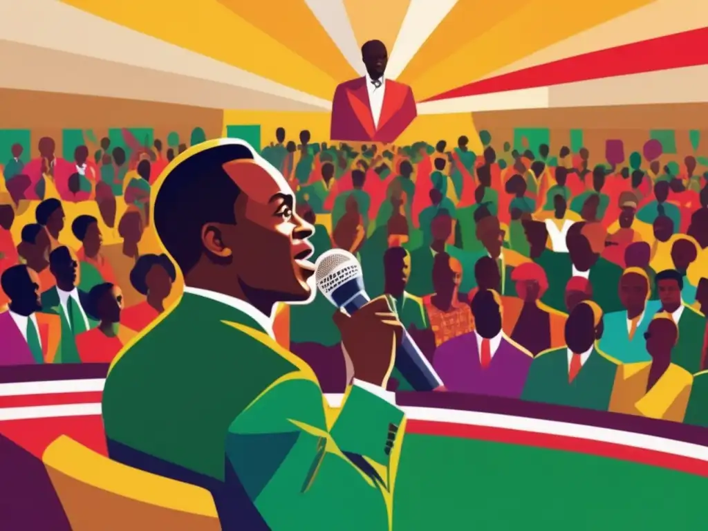 Kwame Nkrumah imparte una apasionada conferencia en una ilustración digital vibrante, con una audiencia diversa y entusiasta de fondo