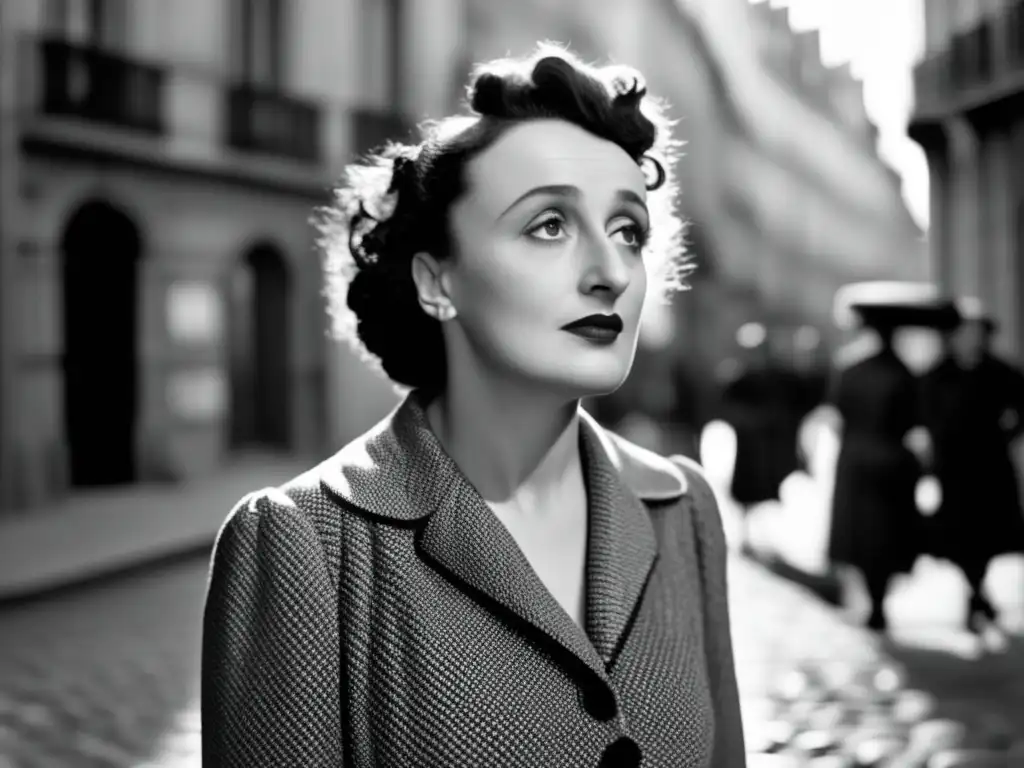 Una nostálgica imagen en blanco y negro de la joven Edith Piaf, de pie en una calle empedrada de París, mirando con melancolía al horizonte