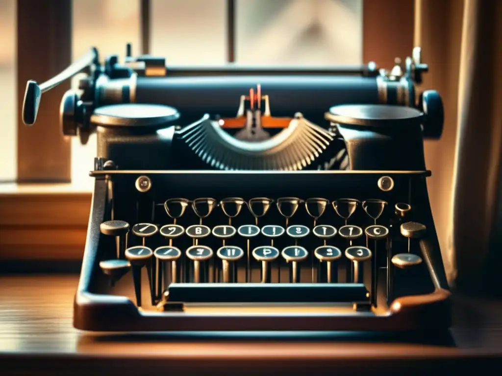 Una nostálgica máquina de escribir vintage, con desgaste en las teclas y una suave luz que realza sus intrincados detalles