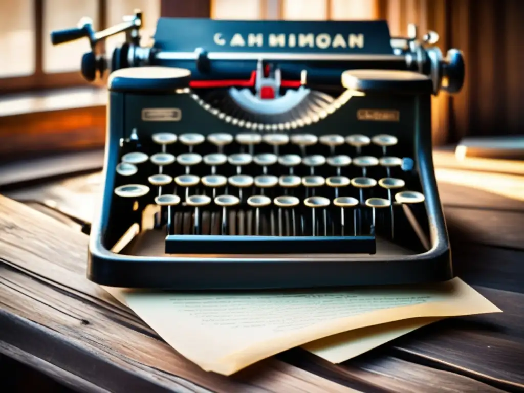 Un rincón nostálgico con una antigua máquina de escribir y libros antiguos, evocando la historia de escritores exiliados famosos