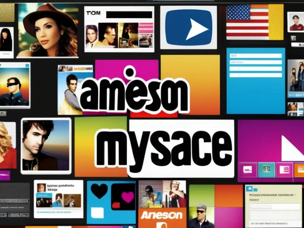 Un nostálgico collage de capturas de pantalla vintage de MySpace, con la biografía de Tom Anderson y opciones de personalización