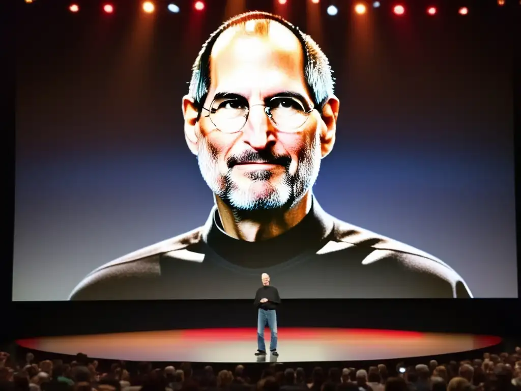 Steve Jobs presenta un nuevo producto de Apple en el escenario, irradiando confianza y visión