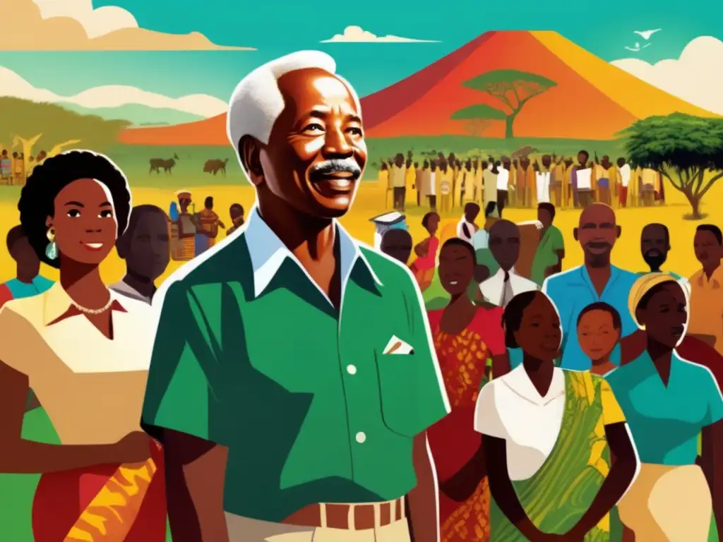 Julius Nyerere, rodeado de gente diversa y paisajes africanos, simboliza la filosofía de vida de Julius Nyerere en una ilustración moderna y vibrante