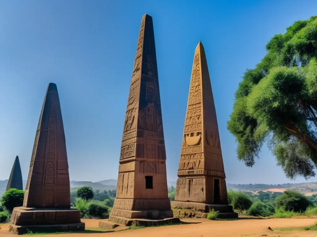 Los obeliscos del antiguo Reino de Axum, primer reino cristiano, se alzan majestuosos entre la exuberante vegetación y el cielo azul