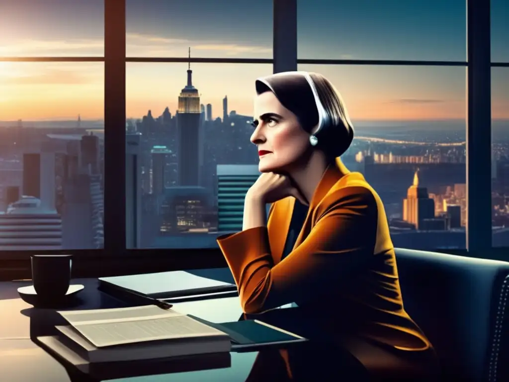 Ayn Rand reflexiona sobre el Objetivismo, con la ciudad moderna de fondo