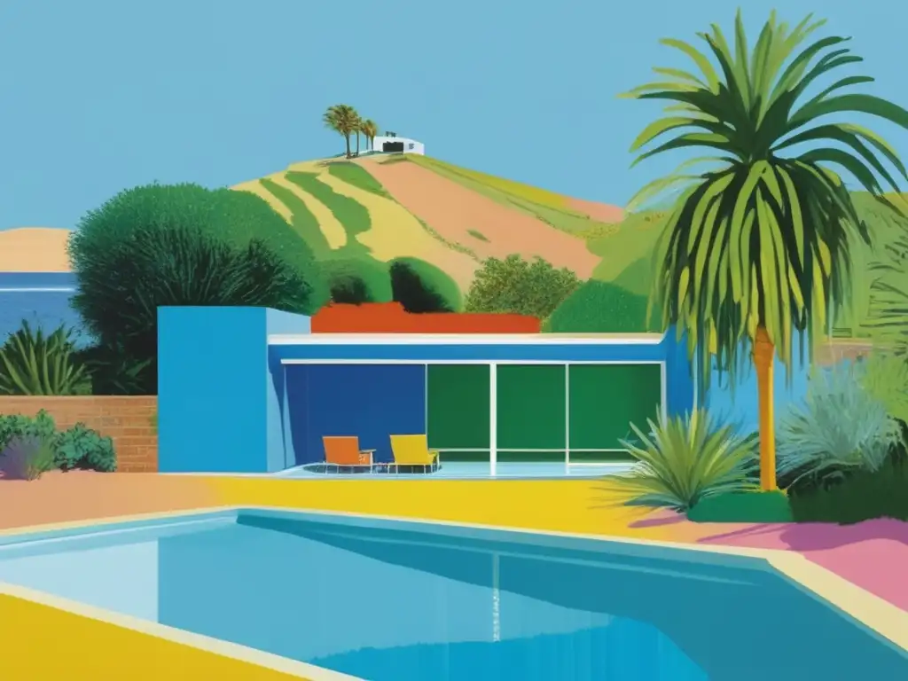 Una obra de arte de David Hockney, 'A Bigger Splash', con colores vibrantes y dinámicos, reflejando su innovadora perspectiva y uso del color en la era digital