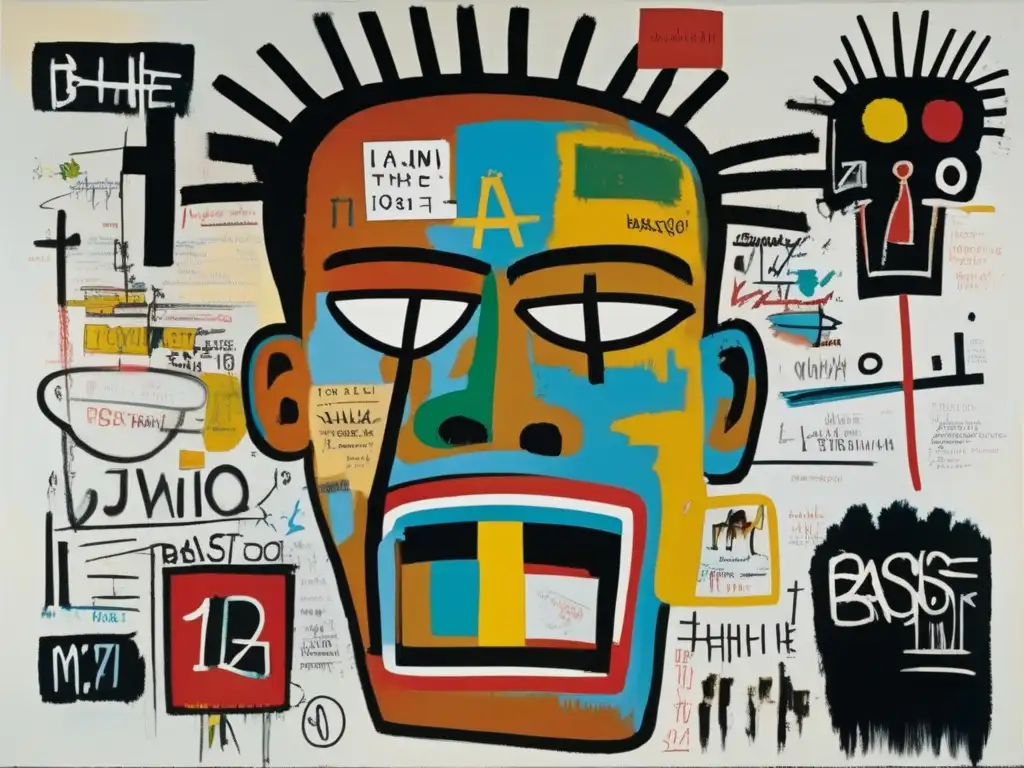 Una obra de arte contemporáneo de Jean Michel Basquiat, con colores vibrantes y simbolismo intrincado, invita a sumergirse en su expresión artística