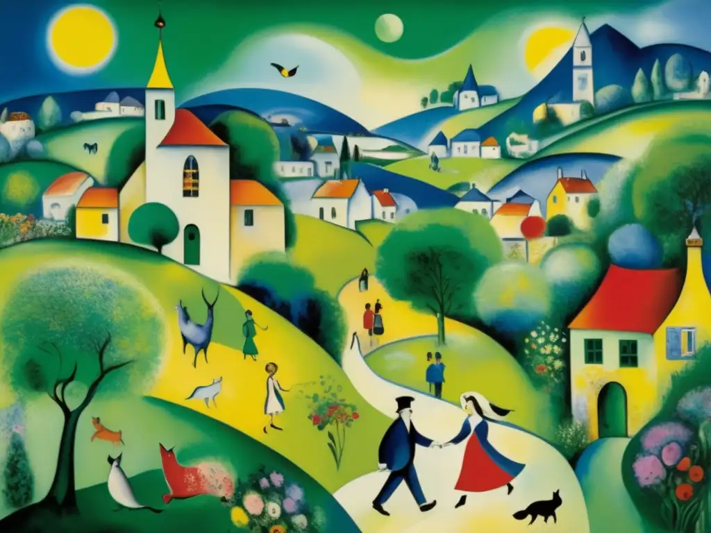 Una obra de arte detallada de Marc Chagall, 'The Promenade', con colores vibrantes, figuras flotantes y animales caprichosos en un escenario de pueblo