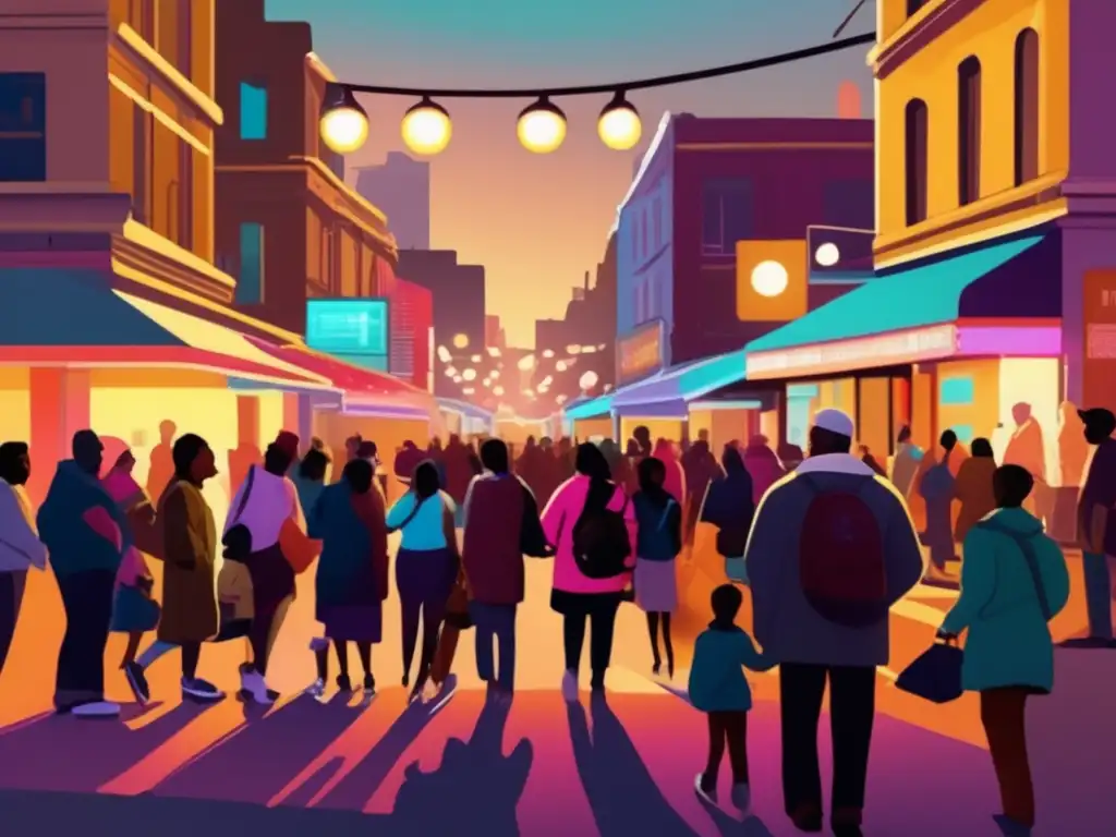 Luminosa solidaridad urbana: escena de diversidad y compasión En la obra de arte digital se representa una escena urbana con personas de diversas edades y orígenes interactuando en actos de bondad, iluminados por luces de la ciudad