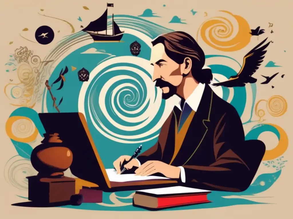 En la obra de arte digital moderna, Robert Louis Stevenson contempla su escritorio rodeado de elementos que representan la dualidad creativa