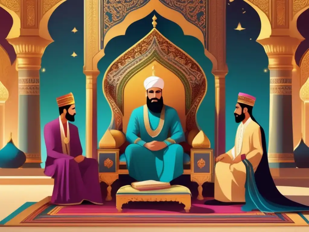 La obra de arte digital muestra a Harún al-Rashid sentado en su trono, rodeado de lujos y sirvientes, escuchando los cuentos de Scheherazade