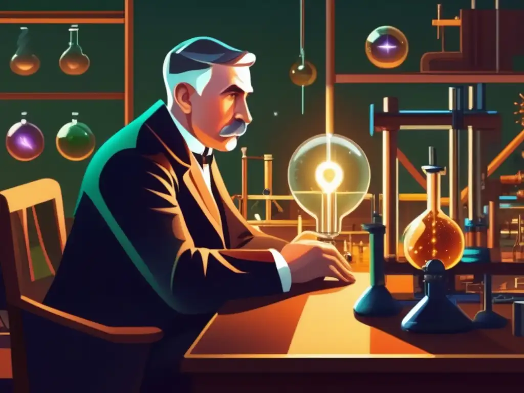 En la obra de arte digital, Ernest Rutherford reflexiona en su laboratorio sobre el descubrimiento del núcleo atómico, rodeado de instrumentos científicos y bañado por una cálida luz de descubrimiento