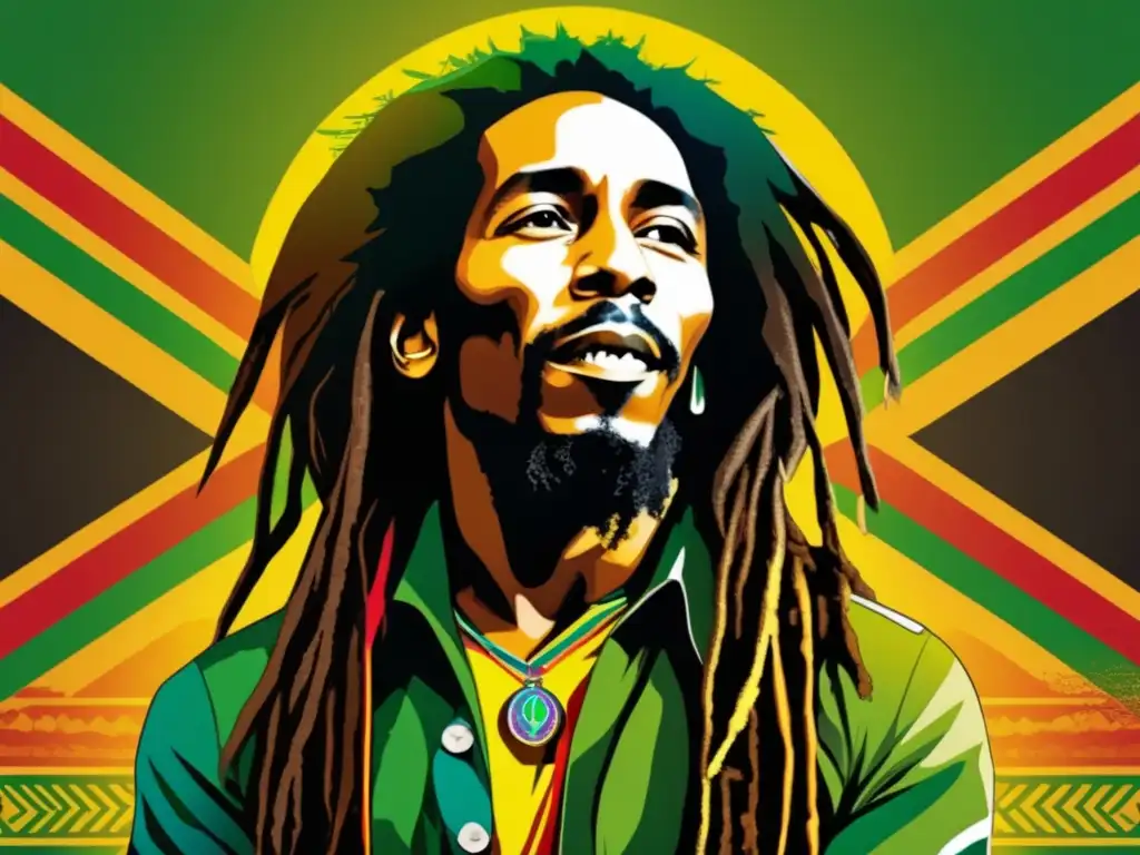 Una obra de arte digital moderna en alta resolución que retrata a Bob Marley con una paleta de colores vibrante y detalles intrincados en sus icónicos rastas