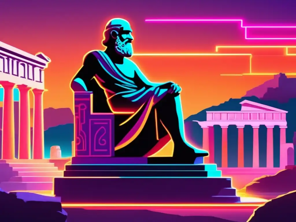 Una obra de arte digital moderna que representa la silueta de Homero en medio de ruinas griegas antiguas, iluminada por luces de neón vibrantes