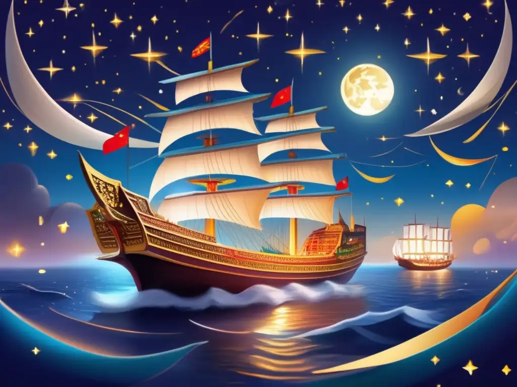 Una obra de arte digital moderna muestra la flota de barcos de Zheng He navegando en un vasto océano bajo un cielo estrellado