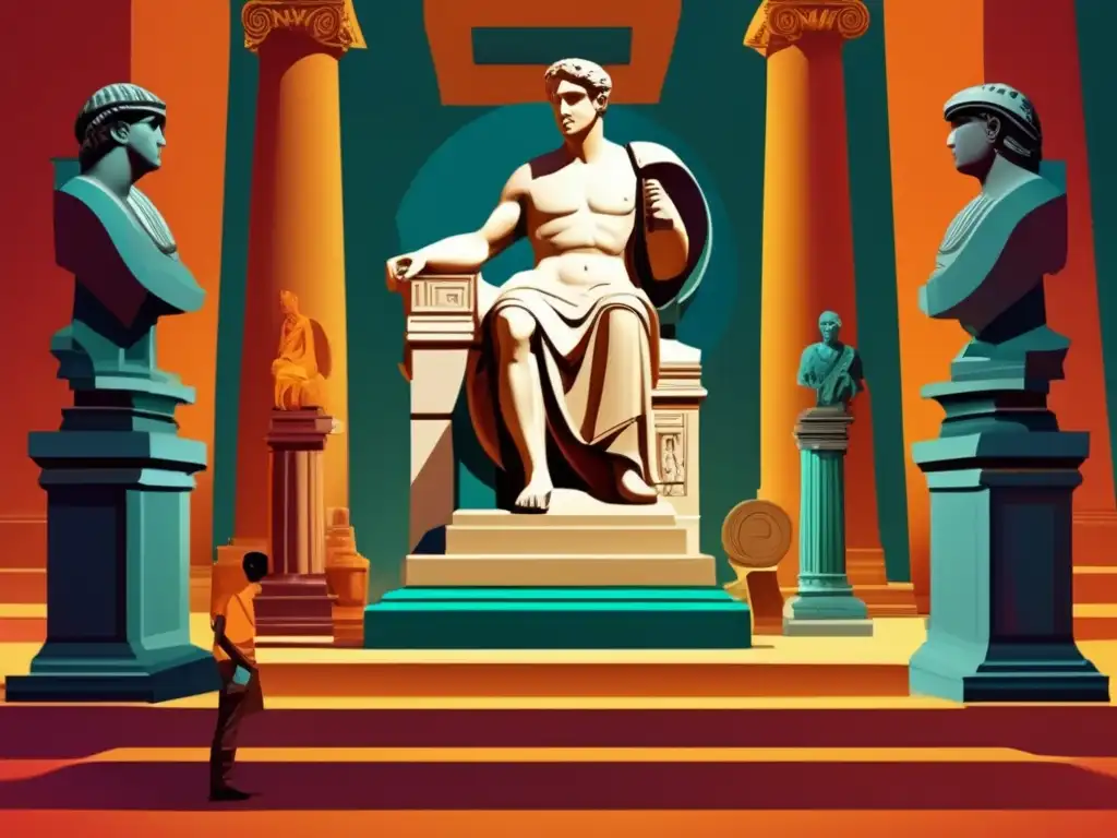 Una obra de arte digital de alta resolución que representa a Michael Grant rodeado de artefactos clásicos, con un giro futurista