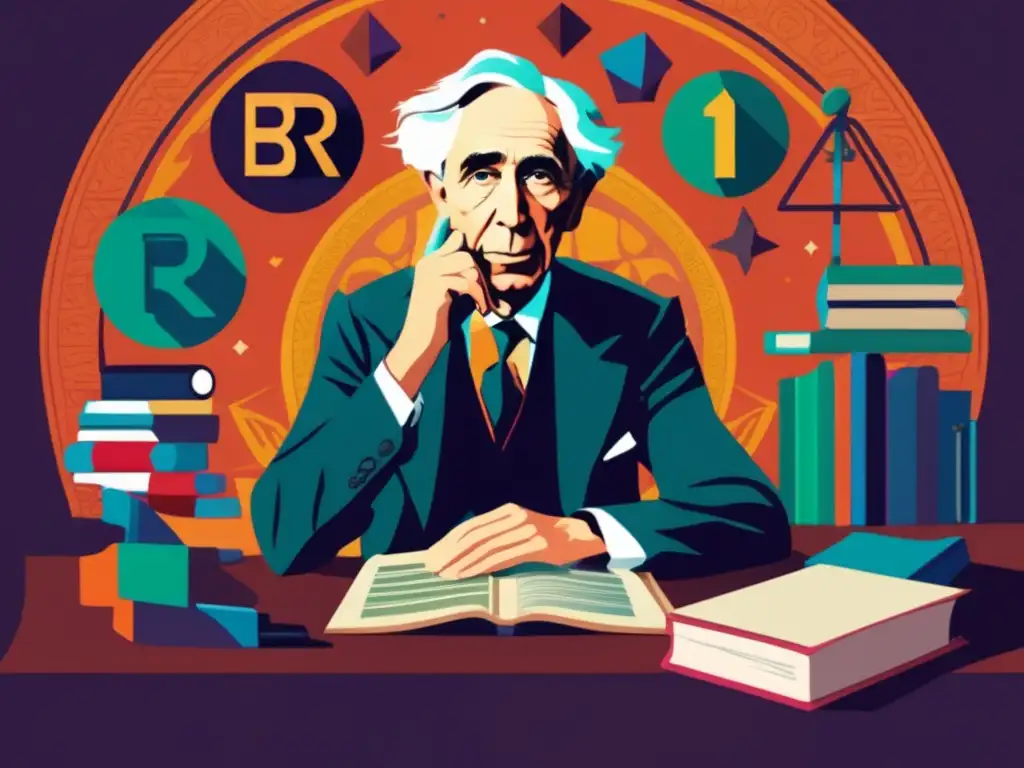 Una obra de arte digital de alta resolución que retrata a Bertrand Russell inmerso en sus pensamientos, rodeado de símbolos de lógica y conocimiento