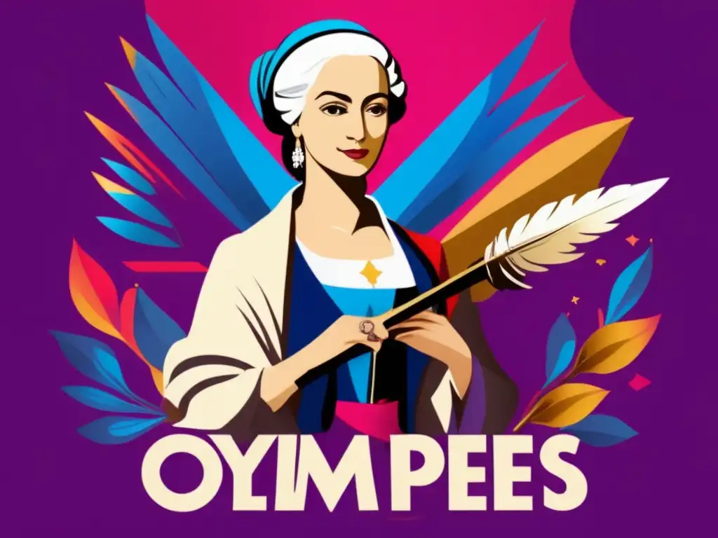 Una obra de arte digital de alta resolución que representa a Olympe de Gouges, con una pluma en una mano y un pergamino en la otra, rodeada de símbolos de igualdad y justicia