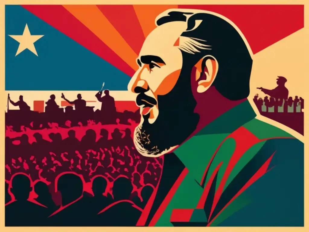 Una obra de arte digital de alta resolución muestra a Fidel Castro dando un apasionado discurso a una multitud con una iluminación dramática y colores intensos