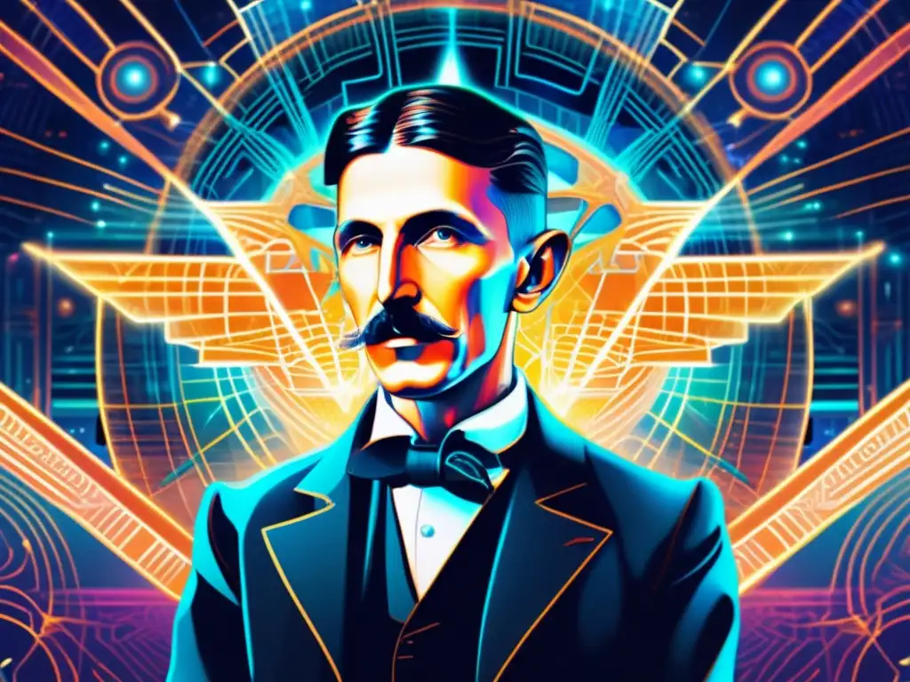 Una obra de arte digital de alta resolución muestra a Nikola Tesla rodeado de campos de energía brillante, con intrincados patrones de circuitos entrelazados con símbolos espirituales