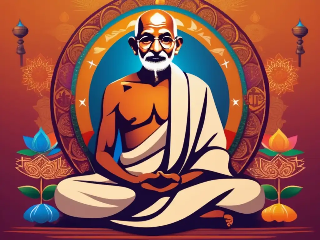 Contemplación de Gandhi: Espiritualidad y Política Una obra de arte digital de alta resolución muestra a Mahatma Gandhi en una pose contemplativa, rodeado de símbolos religiosos y políticos