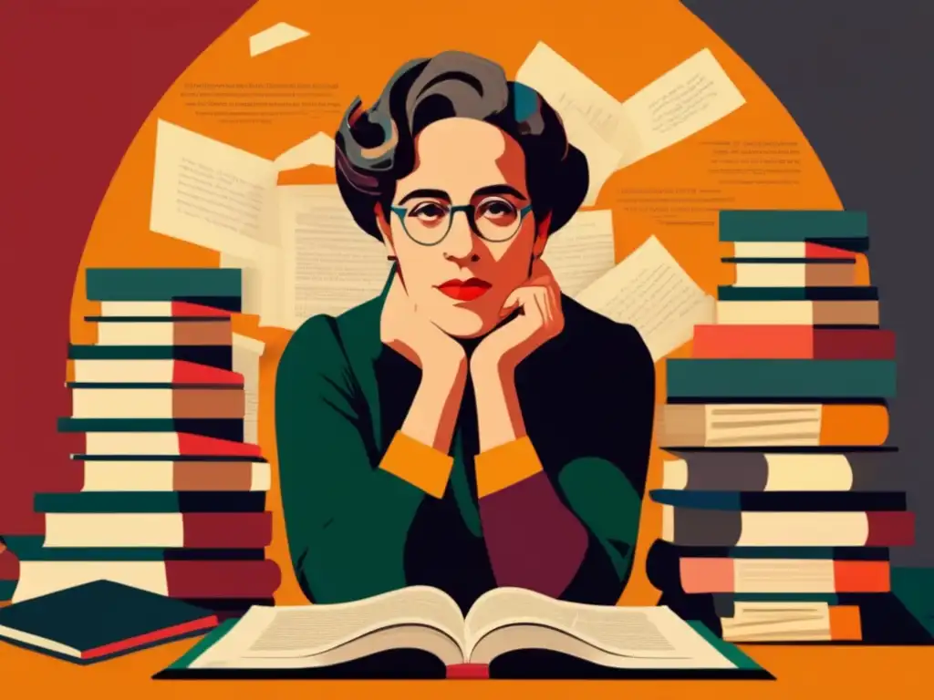 Una obra de arte digital de alta resolución que representa a Hannah Arendt inmersa en sus pensamientos, rodeada de libros y papeles