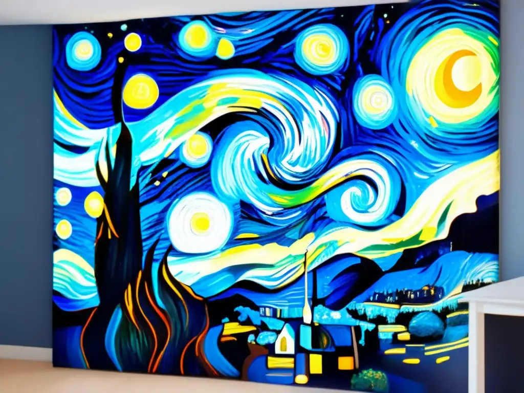 Una obra de arte digital de alta resolución que muestra un primer plano de la famosa pintura 'La noche estrellada' de Vincent van Gogh, con pinceladas intrincadas y colores vibrantes que capturan el cielo nocturno giratorio y las estrellas brillantes, creando una experiencia visual fascinante e inmersiva para los espectadores