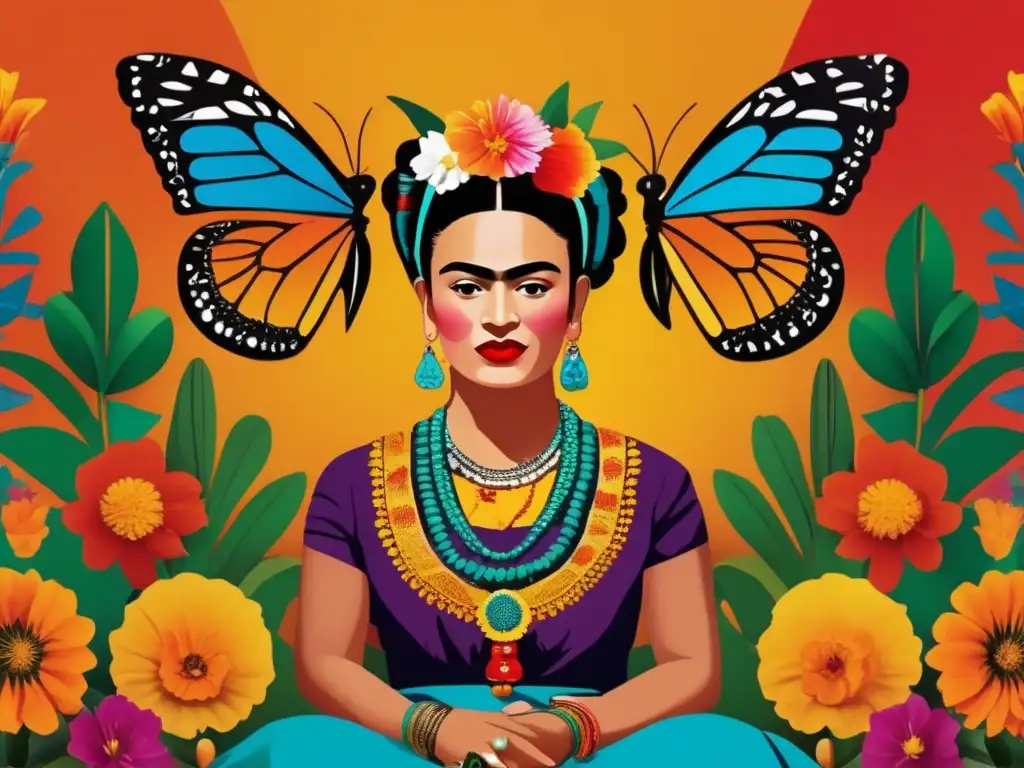 Una obra de arte digital de alta resolución que retrata a Frida Kahlo frente a un fondo vibrante y colorido con motivos mexicanos