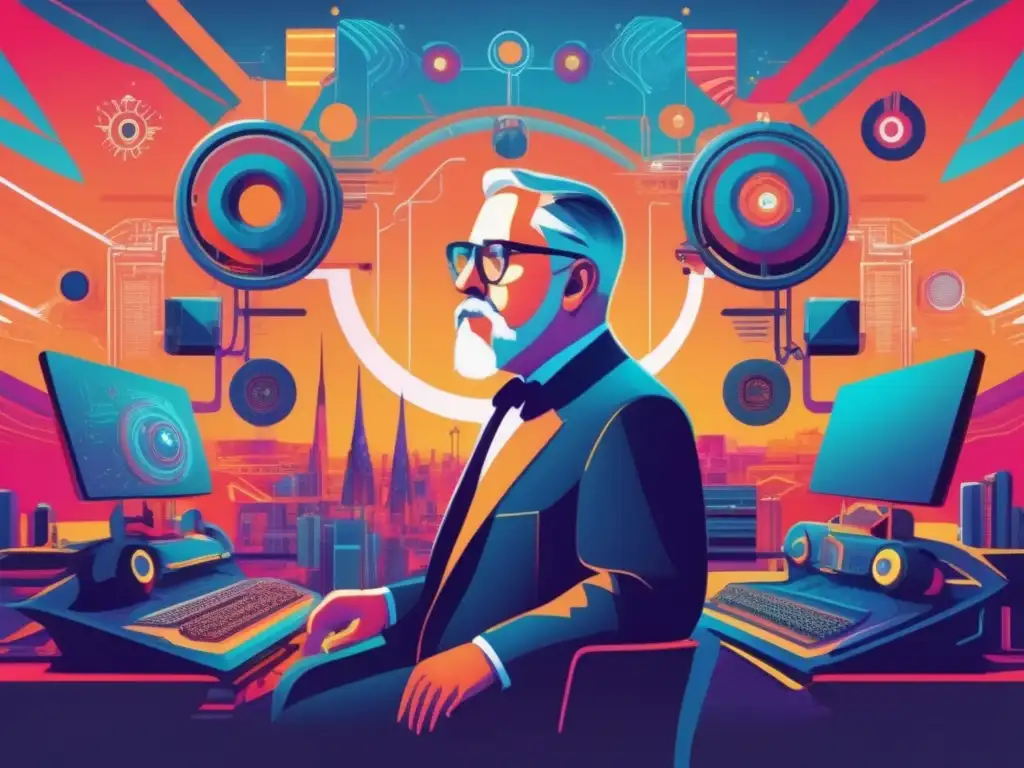 Una obra de arte digital de alta resolución que representa a Norbert Wiener inmerso en un paisaje futurista de maquinaria interconectada, simbolizando la integración de humano y máquina en la cibernética