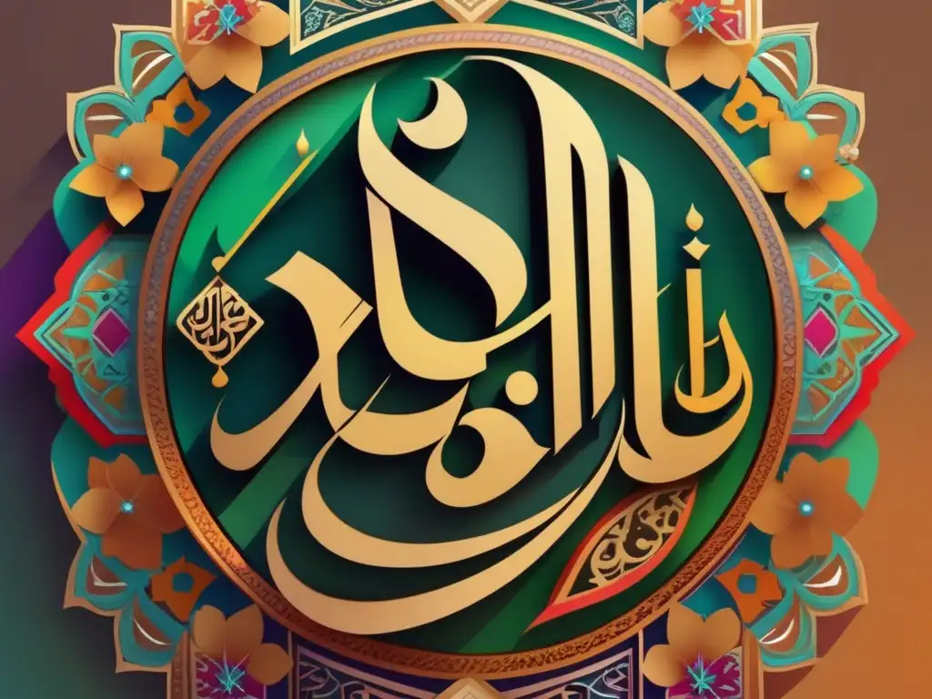 Una obra de arte digital de alta resolución que representa una majestuosa caligrafía islámica con elementos contemporáneos y vibrantes colores