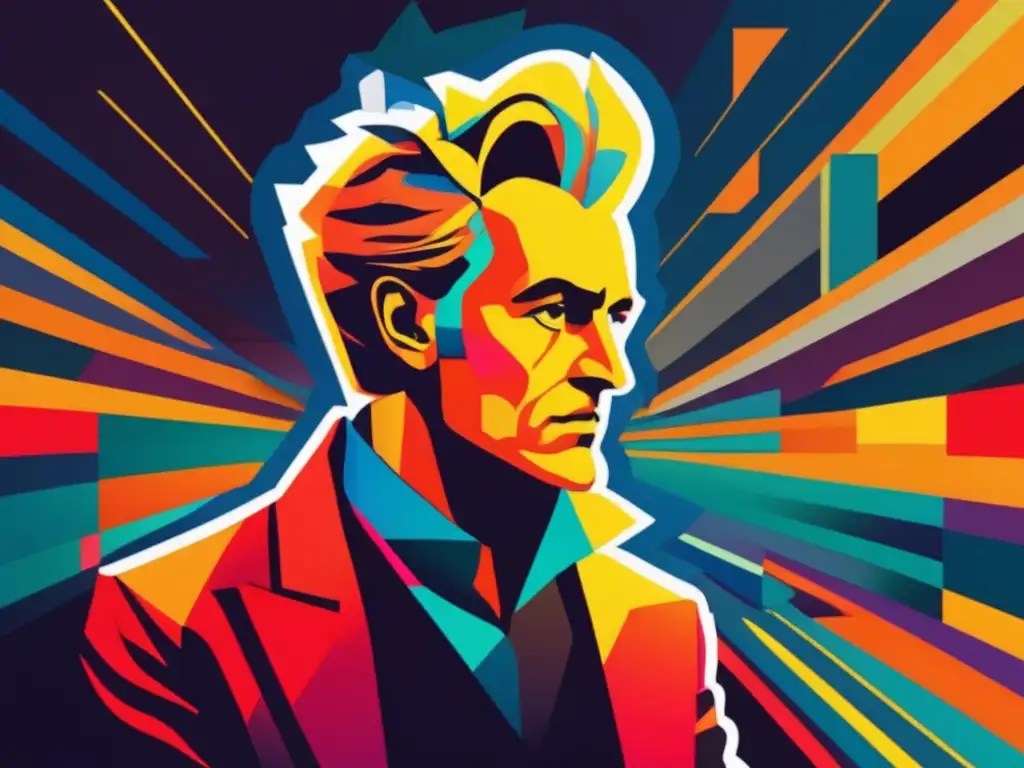 En la obra de arte digital, Søren Kierkegaard reflexiona rodeado de representaciones abstractas de fe, duda y cuestionamiento existencial, en un juego de luces y sombras que realza su expresión contemplativa