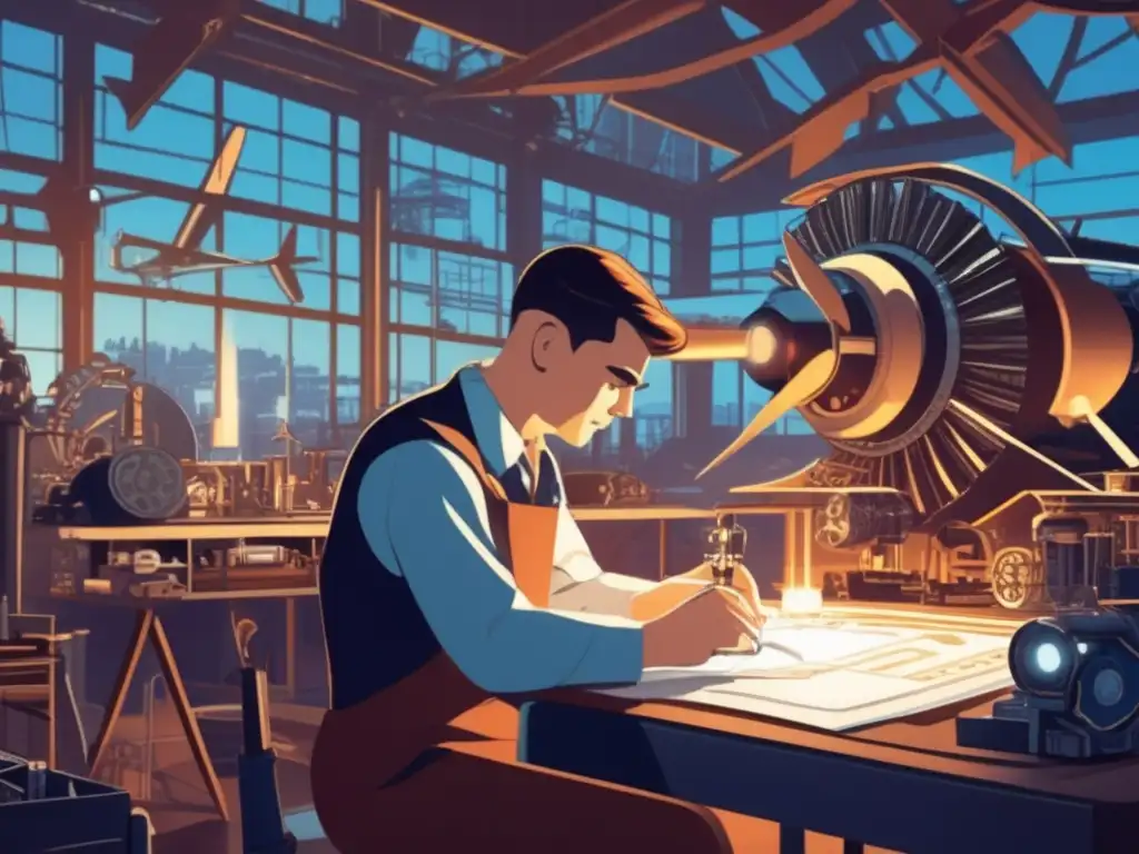 En la obra de arte digital se muestra a Frank Whittle trabajando en un taller con componentes de motor de avión, destacando su espíritu pionero