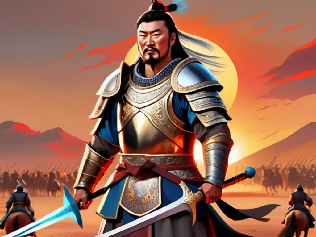 En la obra de arte digital, Tolui, hijo de Genghis Khan, destaca en el campo de batalla con su armadura detallada y una espada, mientras el sol se pone detrás de él, creando un ambiente cálido y vibrante