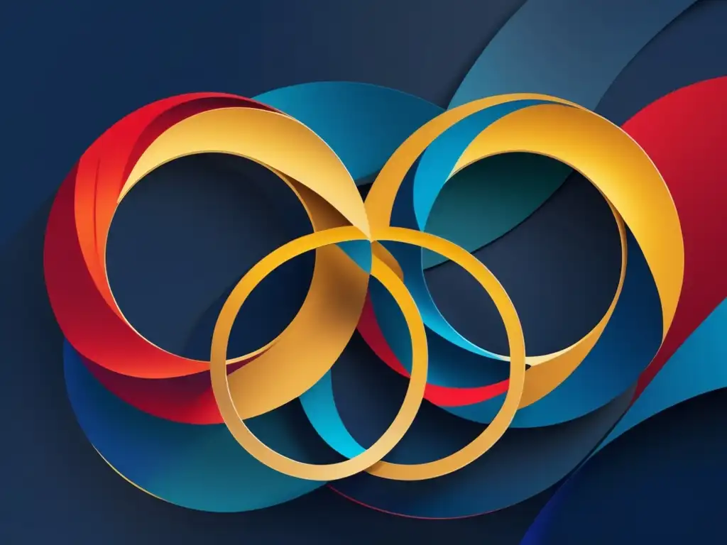 Una obra de arte digital vibrante y moderna que representa abstractamente los aros olímpicos entrelazados con formas dinámicas en tonos azules, dorados y rojos