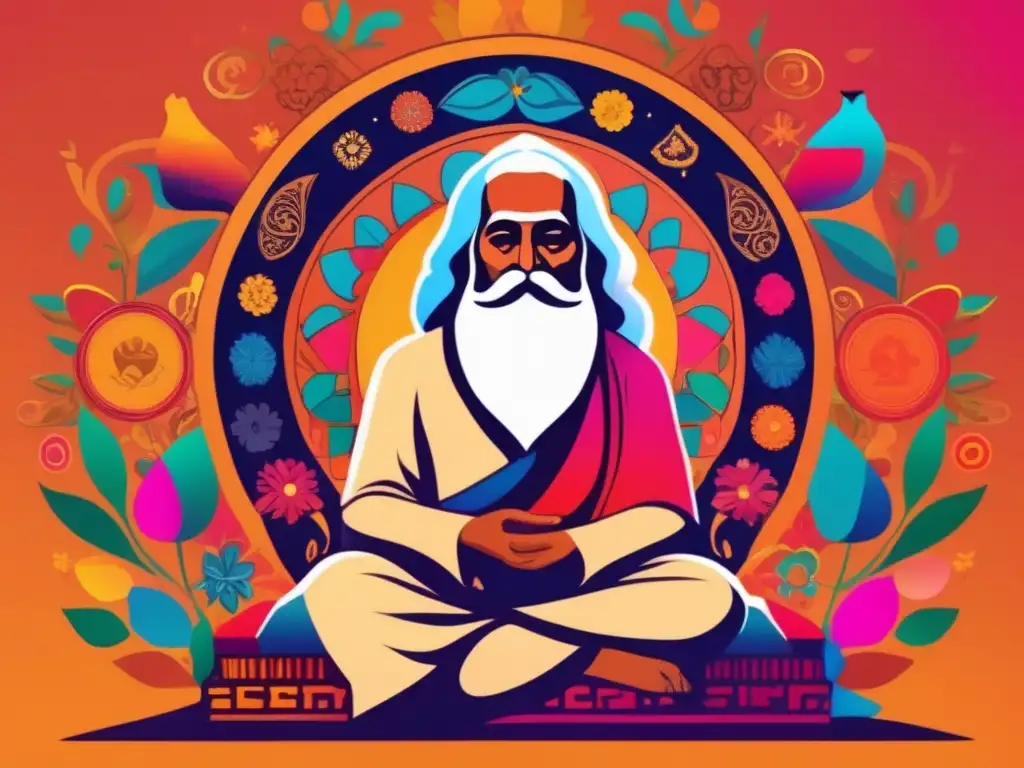 Una obra de arte digital vibrante que representa a Rabindranath Tagore en contemplación, rodeado de símbolos y motivos coloridos que reflejan la filosofía y cultura india