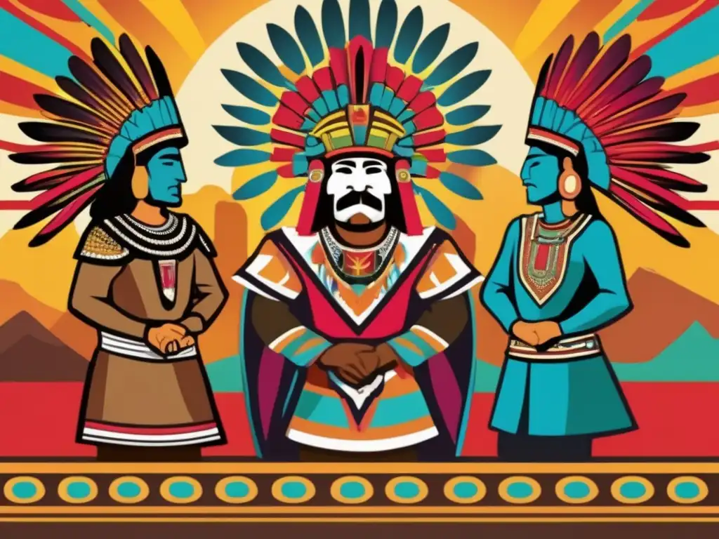 En una obra de arte digital vibrante y moderna, Hernán Cortés se reúne con líderes aztecas en un intercambio cultural de poder